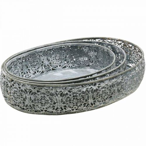 daiktų Dekoratyvinis dubuo metalinis ovalaus rašto pilkas 25,5/29/34,5 cm rinkinys iš 3 vnt.