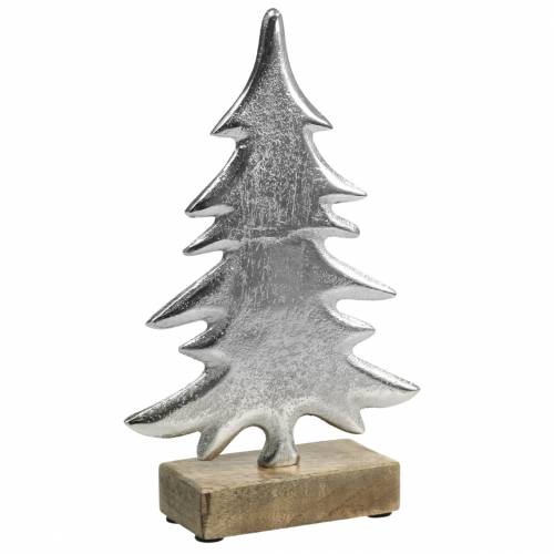 Dekoratyvinė eglė ant medinio pagrindo sidabrinė, natūralaus metalo 24cm × 16cm | Floristik24.lt