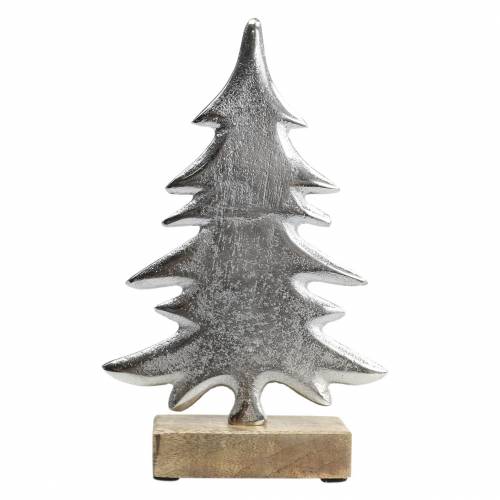 Dekoratyvinė eglė ant medinio pagrindo sidabrinė, natūralaus metalo 24cm × 16cm | Floristik24.lt