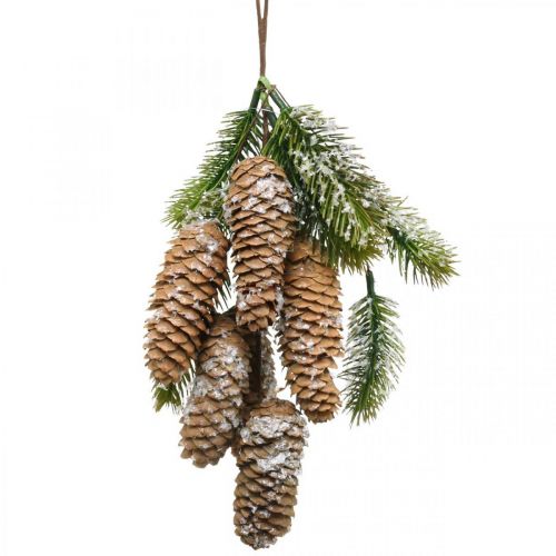Eglės žalias su kūgiais, žieminė puošmena, eglės šaka pakabinimui, apsnigto spygliuko puošmena L33cm