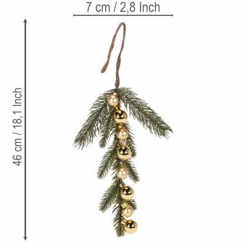 Dirbtinė eglės šakelė su aukso spalvos mini eglutės žaisliukais, 46 cm, 2 vnt. | Floristik24.lt