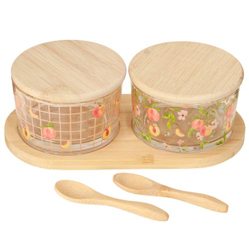 Tapas rinkinio persikinio motyvo taurės su dangteliu medinės 20×10×6,5cm