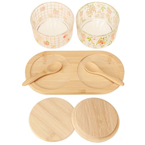 daiktų Tapas rinkinio persikinio motyvo taurės su dangteliu medinės 20×10×6,5cm