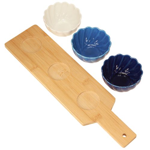 daiktų Tapų rinkinys su keraminiais dubenėliais ant padėklo mėlynos ir baltos spalvos 40×10cm