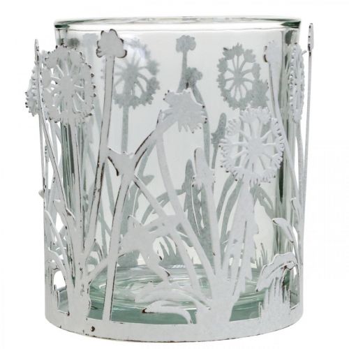 Floristik24 Žibintas su kiaulpienėmis, stalo dekoracijos, vasaros dekoracija shabby chic sidabras, baltas H10cm Ø8,5cm