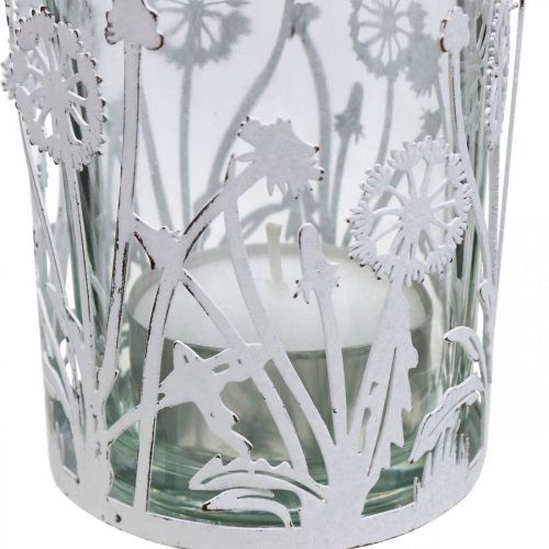Floristik24 Žibintas su kiaulpienėmis, stalo dekoracijos, vasaros dekoracija shabby chic sidabras, baltas H10cm Ø8,5cm
