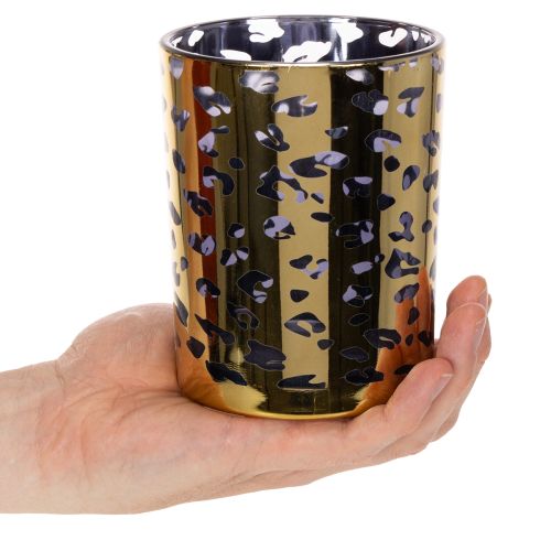 Stiklinė žvakutė su leopardo raštu stalo dekoravimui, 12 cm | Floristik24.lt