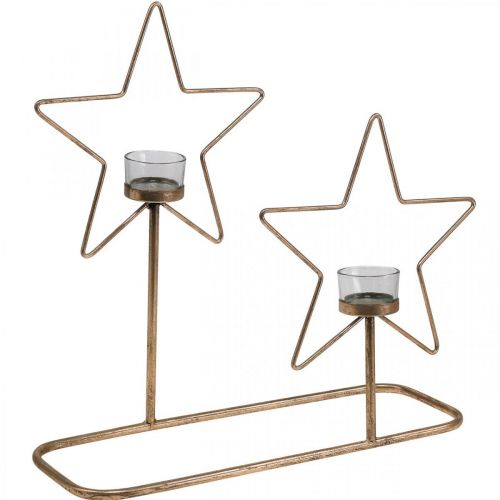 Floristik24 Arbatinės lemputės laikiklis Star Metal Golden Vintage 2 liepsnos L38cm