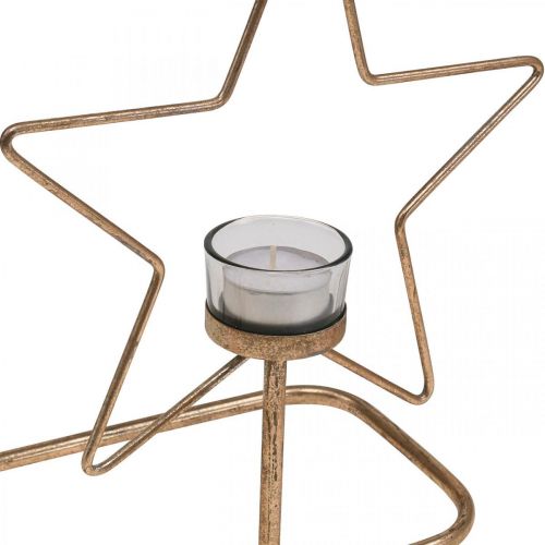 Floristik24 Arbatinės lemputės laikiklis Star Metal Golden Vintage 2 liepsnos L38cm