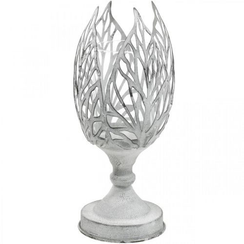 Žibintas metalinis baltas, arbatinės žvakidės laikiklis gėlė Ø13cm H30cm