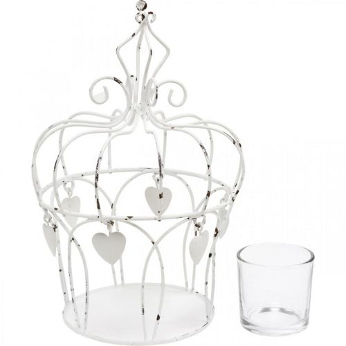 Floristik24 Arbatinės lemputės laikiklio karūnėlė su širdelėmis shabby chic balta Ø14cm H22cm