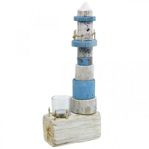 Medinis švyturys su arbatinės lemputės stikline jūrine dekoracija mėlyna, balta H38cm