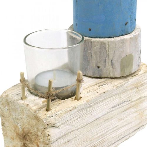 daiktų Medinis švyturys su arbatinės lemputės stikline jūrine dekoracija mėlyna, balta H38cm