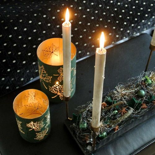 Floristik24 Žibintų metaliniai lapai žali, auksiniai H20 / 15 / 10 cm rinkinyje 3 vnt