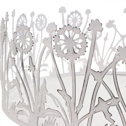 daiktų Dekoratyvinis padėklas su kiaulpienėmis, metalinė puošmena pavasario baltumui, sidabrinė shabby chic Ø25cm H10.5cm