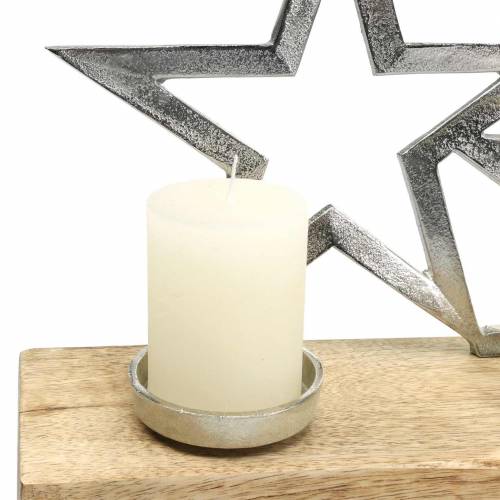 daiktų Žvakidės žvaigždės siluetas ant medinio pagrindo sidabras, natūralus metalas, mango mediena 35cm × 14cm