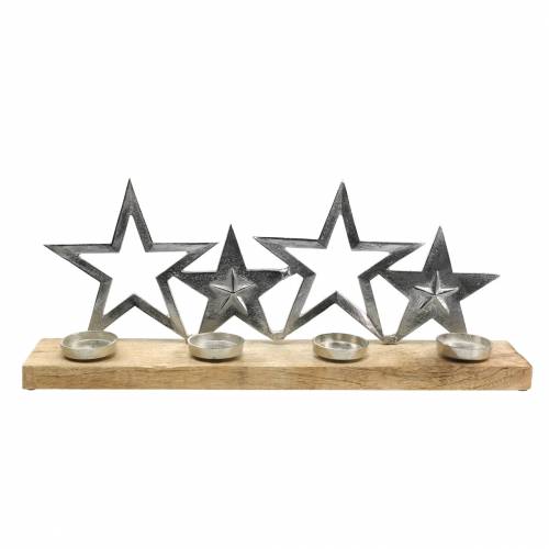 Floristik24 Žvakidės žvaigždės siluetas ant medinio pagrindo sidabras, natūralus metalas, mango mediena 35cm × 14cm