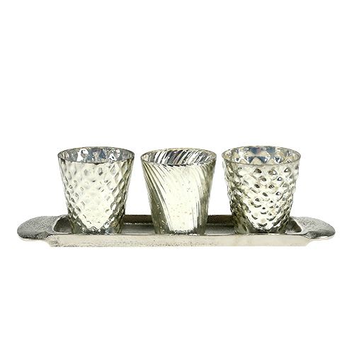 Stalo dekoravimo lėkštė su 3 arbatinių žvakių stiklinėmis sidabrinėmis Ø7cm H8cm