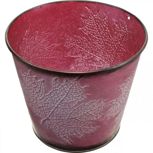 daiktų Vazonas su lapų puošmena, rudens puošmena, metalinis vazonas vyno raudonas Ø16,5 cm H14,5 cm