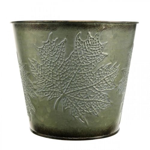 daiktų Dekoratyvinis kibiras su lapų dekoracija, rudeninis vazonas, metalo apdaila žalias Ø17cm H14.5cm