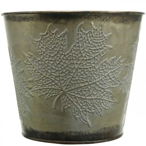 daiktų Sėjamoji rudeniui, metalinis kibiras su lapų apdaila, auksinis metalinis indas Ø14cm H12,5cm