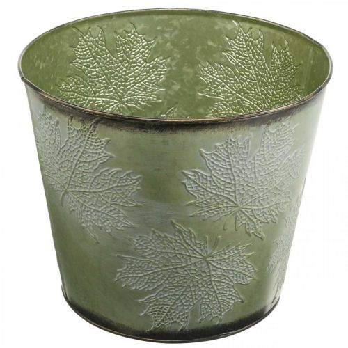 Sėjamoji, metalinis vazonas su klevo lapais, rudens puošmena žalia Ø25,5cm H22cm