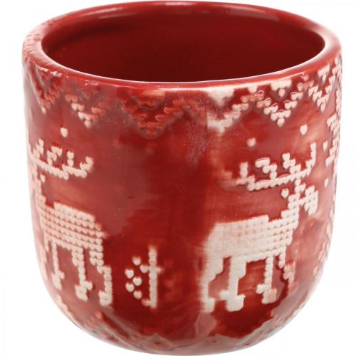 Floristik24 Keraminė puošmena su šiaurės elniais, Advento puošmena, sėjamoji su norvegišku raštu raudona/balta Ø7,5cm H7cm 6vnt.