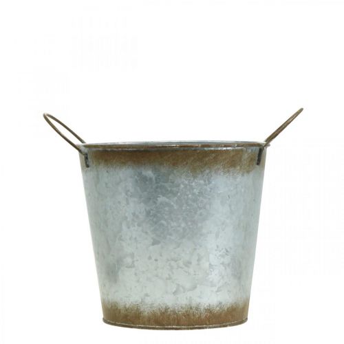 daiktų Sėjamoji iš metalo, gėlių dubuo, vazonas su rankenomis sidabrinis, patina Ø18cm H20cm