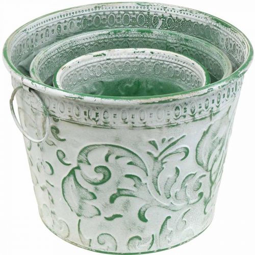 daiktų Metaliniai vazonai su rankenomis, vazonai su įspaudu balta, žalia shabby chic H20.5/18.5/16cm Ø25.5/20.5/15.5cm rinkinys 3 vnt.
