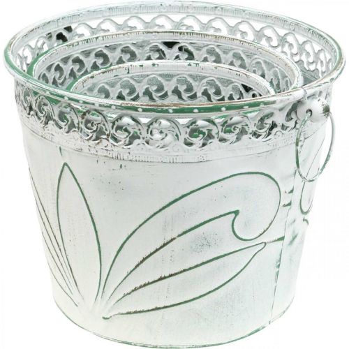 daiktų Skardos kibiras su įspaudu, sėjamoji su rankenomis balta, žalia shabby chic H22/19,5/17,5 cm Ø25,5/20,5/15,5 cm rinkinys 3 vnt.
