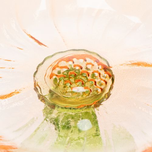 daiktų Dekoratyvinė stiklinė lėkštė su kojele, gėlių raštas stilingai stalo puošybai ir vasaros dekorui, 15 cm