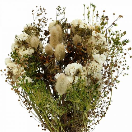 Floristik24 Džiovintų gėlių puokštė su pievinėmis žolėmis balta, žalia, ruda 125g džiovintų gėlių
