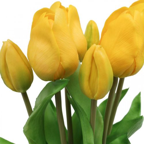 Tulpės dirbtinės gėlės geltonos tikrosios pavasario puošmenos 38cm puokštė iš 7vnt