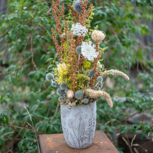 daiktų Vaza Betoninė Balta Gėlių vaza su reljefinėmis gėlėmis vintažinėmis Ø18cm