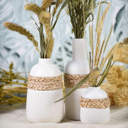 daiktų Gėlių vaza balta keramika ir jūros žolė Maža stalo vaza H10,5cm