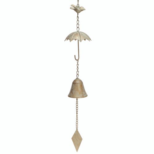 Vintažinė vėjo varpelio metalinė dekoracija su skėčiu ir varpeliu 70cm