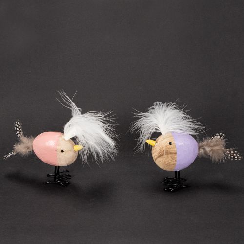 daiktų Dekoratyvinis medinis paukštis su plunksnomis ir spalvingu kūnu stalo dekoravimui, 10 cm, 6 vnt.