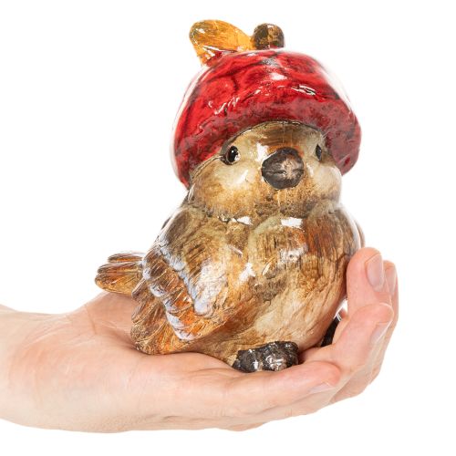 Dekoratyvinė paukščio figūrėlė su raudonu obuolio kepurėliu, rudeninė dekoracija, 13 cm | Floristik24.lt