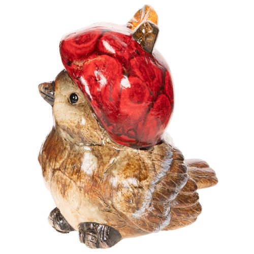 Dekoratyvinė paukščio figūrėlė su raudonu obuolio kepurėliu, rudeninė dekoracija, 13 cm | Floristik24.lt