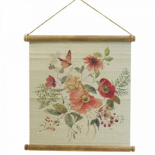 Medinės freskos paveikslas su gėlėmis, sienų apdaila H44×P42cm