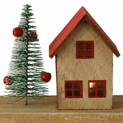 Floristik24 Kalėdų kaimas su LED apšvietimu natūralus, raudonas medis 40 × 10,5 × 7 cm