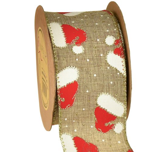 Kalėdinė juostelė su Kalėdų Senelio kepurėlėmis, ruda, 60 mm, 10 m