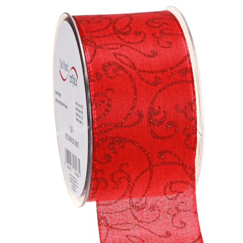 Floristik24 Kalėdinė juostelė su gėlių ornamentais raudona 60mm 15m