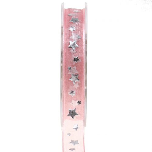 Floristik24 Kalėdinė organzos rožinė juostelė su žvaigždės motyvu 15mm 20m