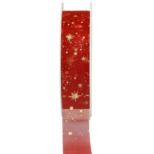 Floristik24 Kalėdinė juostelė, organzos raudonos žvaigždės raštas 25mm 25m