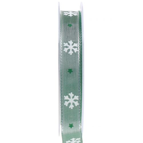 Floristik24 Kalėdinė juostelė su snaigės žalia 15mm 20m