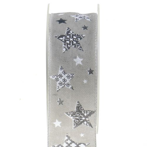 Floristik24 Kalėdinė juostelė su žvaigždės motyvu pilka 40mm 20m