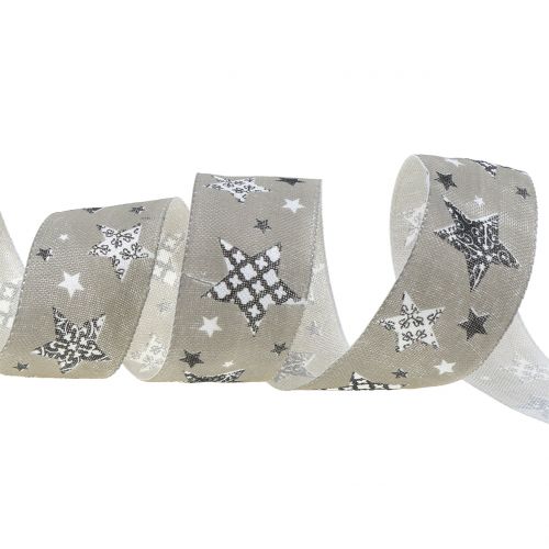 Floristik24 Kalėdinė juostelė su žvaigždės motyvu pilka 40mm 20m