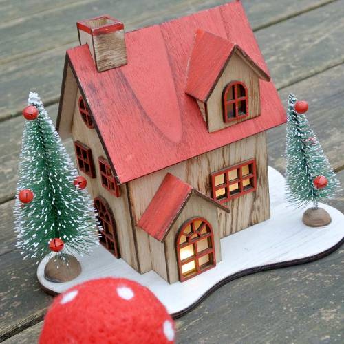daiktų Kalėdinis namelis su LED apšvietimu natūralus, raudonos medienos 20 × 15 × 15 cm