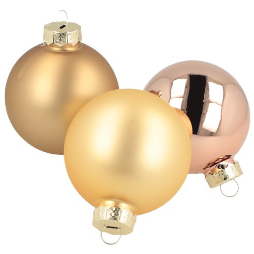 Kalėdinių žaisliukų trio aukso ir rožinės spalvos – elegantiškas 3 vnt. rinkinys su blizgesiu ir stiliumi, 5 cm, 24 vnt.
